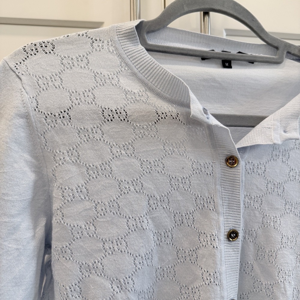 Gucci Womens M Silk Cotton Pointelle Cardigan Light Blue Gold Logo Buttons Italy - Picture 3 of 10